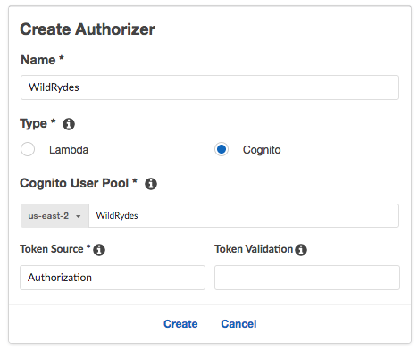 Create user pool authorizer screenshot